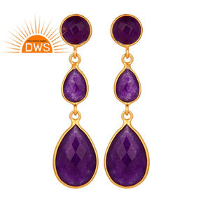 Pendientes de Aventurina Morada con Bisel, Venta al por Mayor, Chapados en Oro de 14k, Plata de Ley 925, Joyería, Colección Clásica - Product Image 1