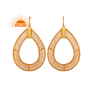 Pendiente chapado en oro y plata 925 en forma de pera, diseñador de filigrana, pendientes de joyería de plata lisa, fabricante, Colección Vintage - Product Image 1