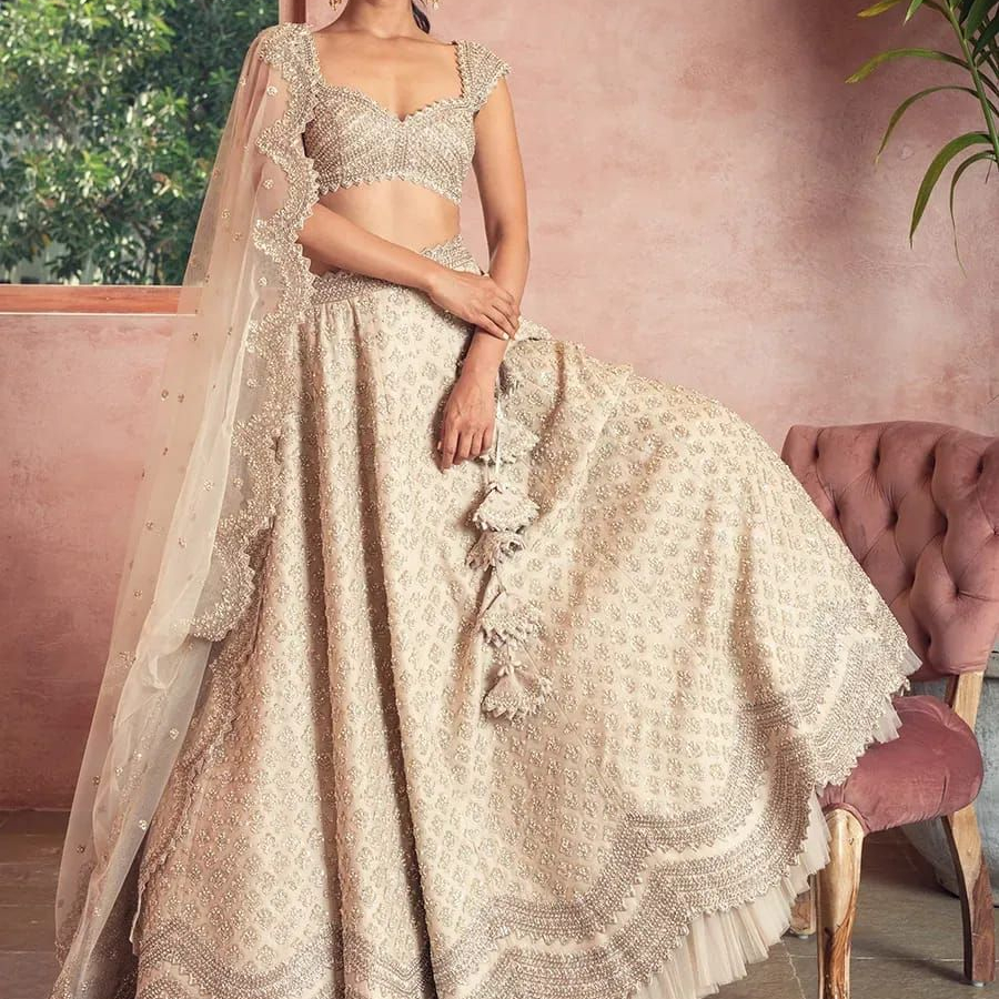 slim fit dress slacks Ivory Gold Pearl Lehenga Set L