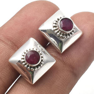 Gorgeous 925 Sterling Silver Square Stud Earrings Natural Ruby Gemstone Cute Designer Artisan Style for <b>Engagement</b> Wedding Party - Product Image 2