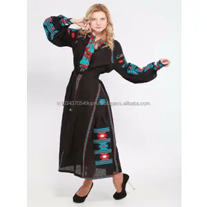 Ukrainian Extended Cuffs Richly Covered Red & Blue Geometric Ornament Embroidery Round Collar Dress Summer Premium Resort Dress