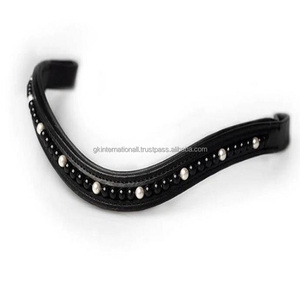 Banda de cejas de caballo de cuero curtido vegetal con acabado de alta calidad en cuero negro o marrón con cadena ostentosa de perlas azules y doradas - Product Image 3