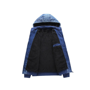 Veste de moto en denim bleu à broderies personnalisées pour homme, taille plus, décontractée, hiver, capuche, fermeture éclair, coton - Product Image 3