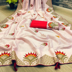 Femmes indiennes vêtements de mariage broderie fleur travail avec coton soie Saree et non cousu Blouse Dim rose couleur meilleur prix vêtements - Product Image 1