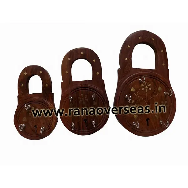 Lock Shape Wooden Key Holder Wall Mounted Key Stand With Five Hooks And Brass Inlay Design For Office