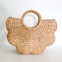 Sac en jacinthe d'eau en forme de demi-fleur, sac de plage en paille rond à anneau pour femmes, vente en gros au Vietnam