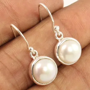 淡水珍珠宝石圆形切割925实心纯银耳线耳环伴娘耳环特殊礼品