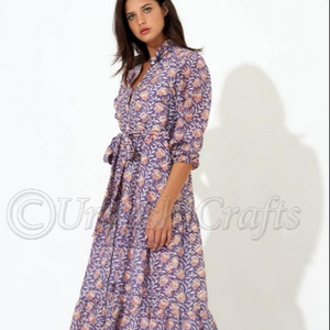 Longue robe longue d'été pour femme, imprimé Floral avec col court, longue ceinture, vacances - Product Image 1
