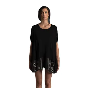 उच्च गुणवत्ता 100% इटली में किए गए महिला फैशन वृहदाकार 1/2 आस्तीन जर्सी चमड़ा टी शर्ट धातु विवरण