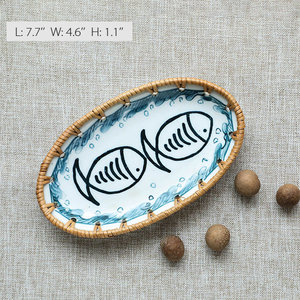Plateau en rotin et céramique de haute qualité, articles chauds avec joli motif de poisson, plateau de service/plateau à aliments - Product Image 1