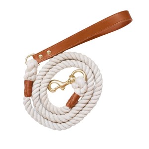 Handmade Strong Durable 4.5ft 12mm <b>Light</b> Grey Cotton Rope <b>Dog</b> Leash with Tan Genuine Leather Handle and Solid Brass Hardware - Product Image 1