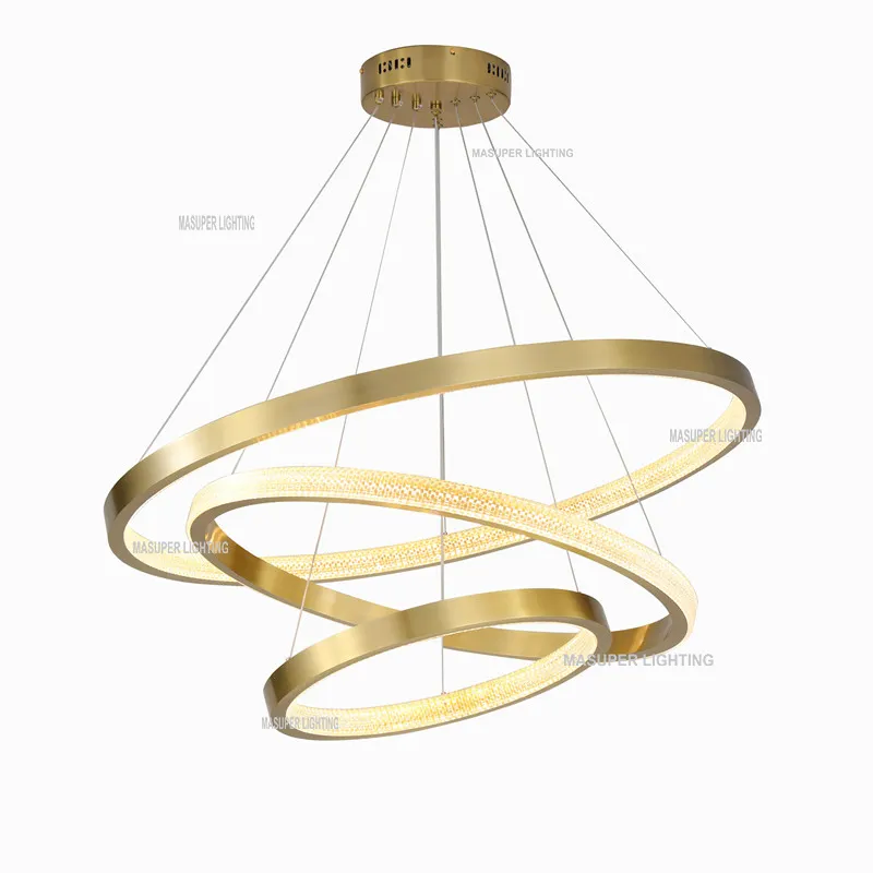 Grande ferro a distanza di montaggio loft soggiorno moderno anello in oro acrilico lampada da soffitto lampadario