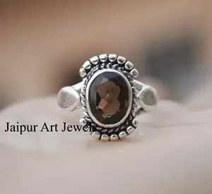 Fashion Woman Man Rings Wedding Anniversary Handmade Women Brown Gemstone Jewelry Fine Silver Smoky Quartz Ring Supplier