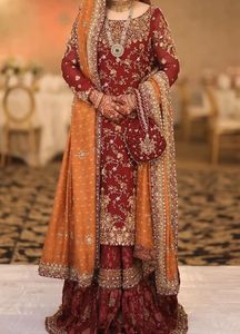 MAROON ORANGE LONG <b>TOP</b> LEHENGA INDIAN /PAKISTANI DRESS Embellished DABKA, ZARI work for Wedding @ 2022 - Product Image 2