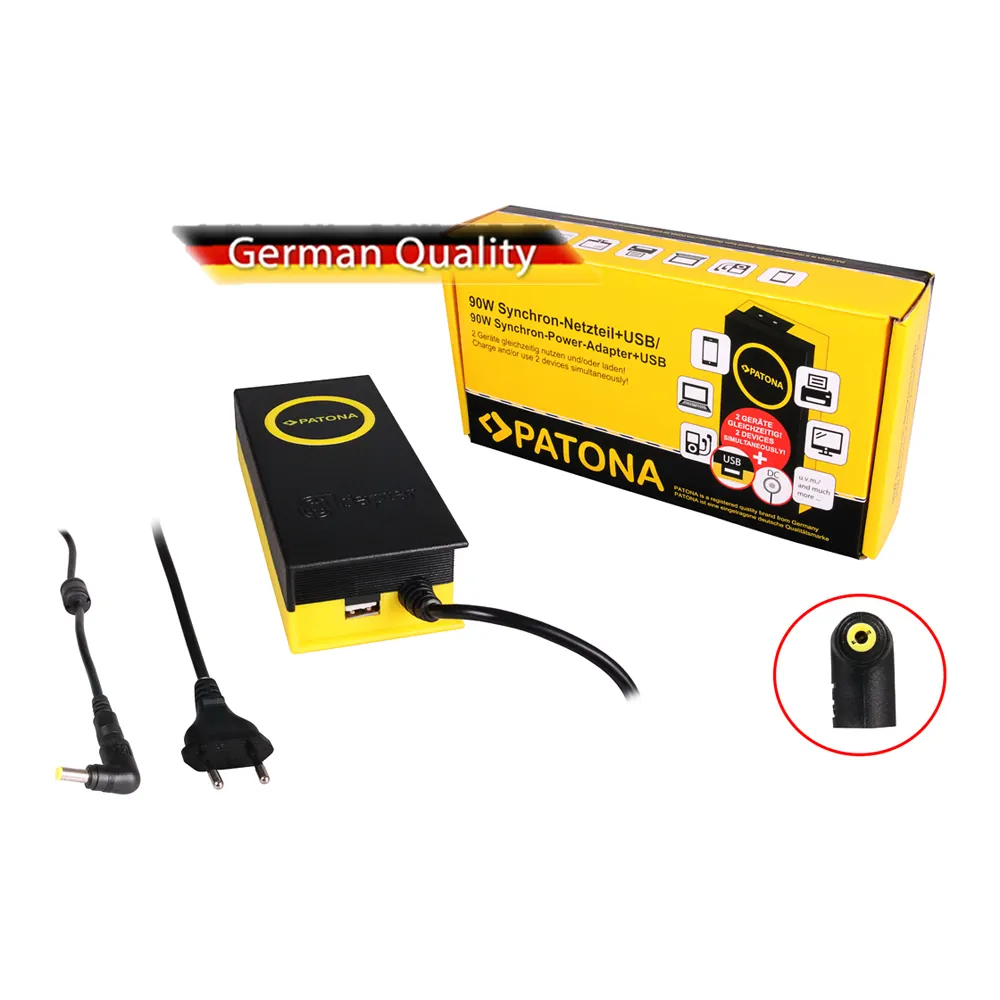 PATONA 90W Synchron Adapter-Laptop-Ladegerät Dell, Fujitsu, HP: 5,5x2,5x12mm-19V inkl. USB-Ausgang: 5V-2,1A