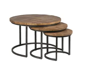 Modern Vintage Set of 3 Nesting <b>Coffee</b> <b>Tables</b> <b>Round</b> Design with Wooden Top and Metal Frame for Home Living Room - Product Image 1