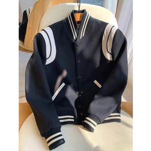 Chaqueta Varsity para Mujer, Otoño, Negra con Contraste de Color, Manga Larga, Cuello Camisero, Cierre de Botón, Material de Poliéster - Product Image 1