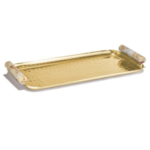 Plateau rectangulaire en métal doré, poignées rondes en marbre, pour décor de table, centre de table, mariage, style européen - Product Image 1