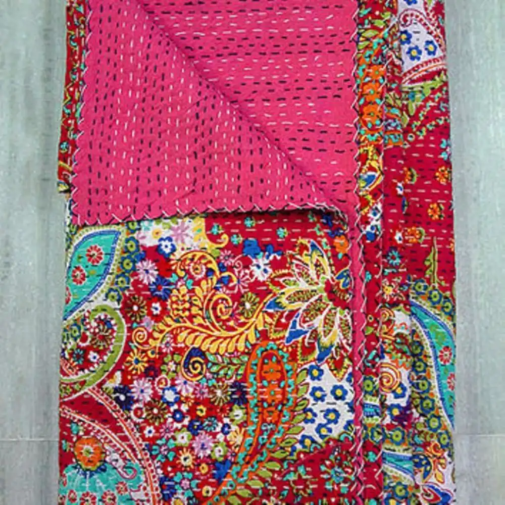 Couette Kantha imprimée en coton, couvre-lit vintage, décoration de la maison, couvre-lit indien fait à la main