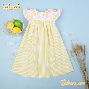 Vestido Smocked personalizable para niños estampado rayas amarillas hecho a mano 3D otoño 100% algodón ecológico BB1665 OEM ODM - Product Image 4