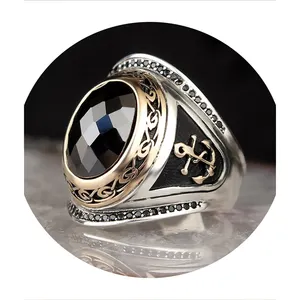 Anchor 925 Sterling Silver Men Jewelry Zircon Stone Mens Ring
