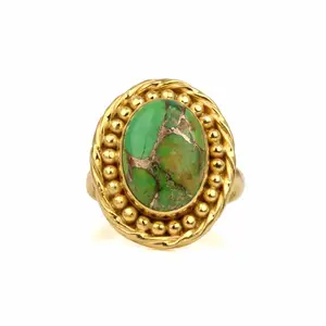 热卖10x14mm毫米椭圆形天然莫哈维绿铜绿松石宝石纯银镀金设计师戒指
