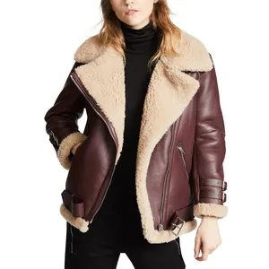 2021 latest design women Oversized Leather Lamb Shearling Moto Leather Coat of brown color PU jackets for ladies