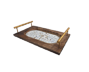 Bandeja de Servir de Madera de Acacia Estilo Árabe con Incrustaciones de Nácar, Asa, Tamaño y Color Personalizables, Calidad Certificada EPCH, Artesanía - Product Image 4