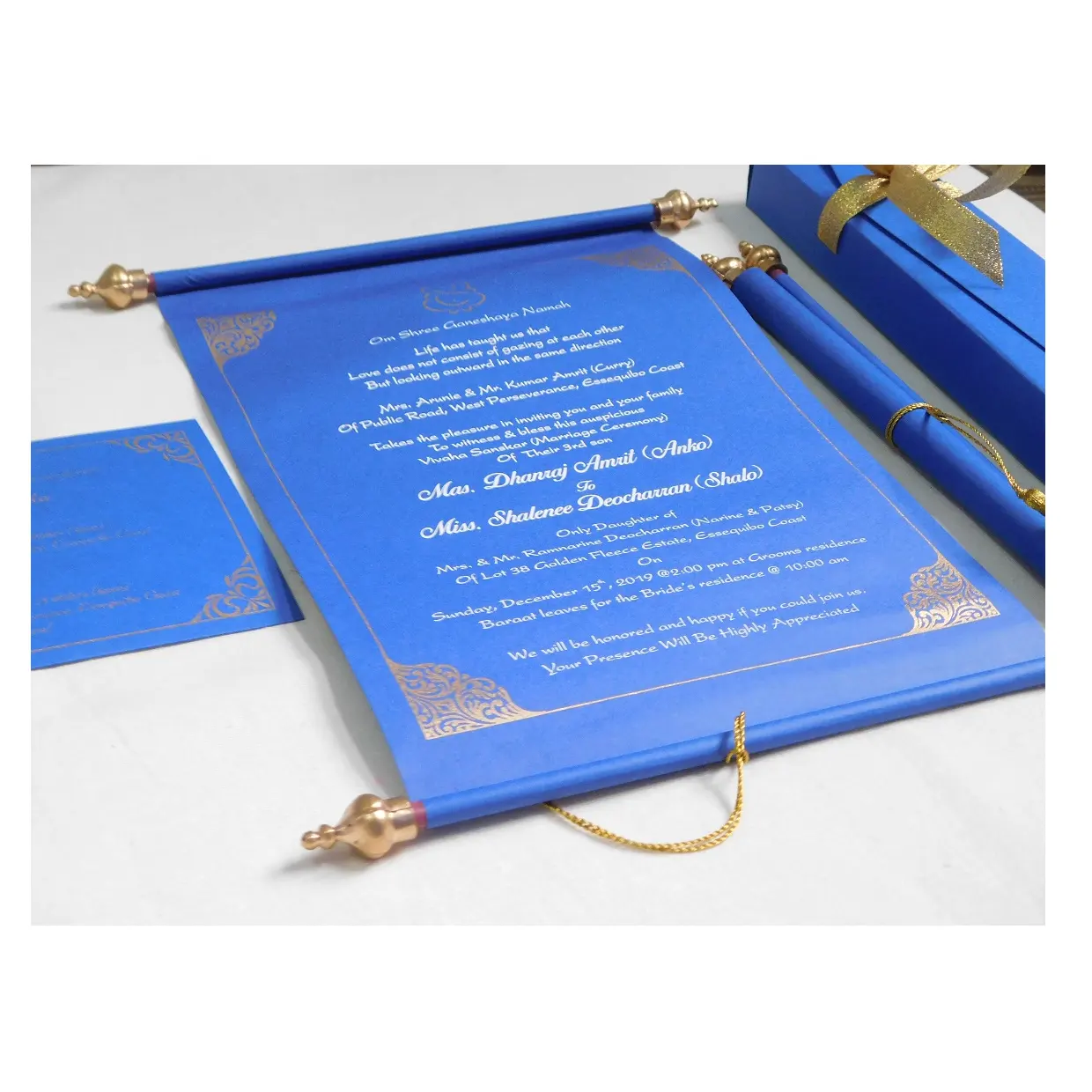 custom printed scroll wedding invitations with matching scroll boxes suitable for wedding stationers