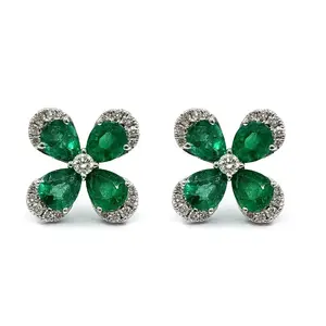 Clover Flower Romantic Design Wholesale Precious 18k White Gold High Quality Diamond Emerald Jewelry Stud Earrings For Women