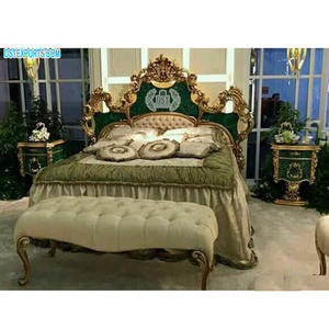 <b>Vintage</b> High Carved Bed & Nightstands Indian Traditional Hand Carved Bedroom Furniture High Back Golden Carved Bed - Product Image 1