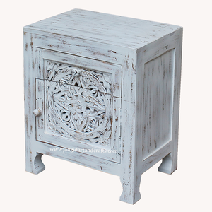 Table de chevet moderne en bois massif sculpté à la main, finition blanchie, avec 1 tiroir et 1 porte, durable, pour salon, Jangid Art - Product Image 5