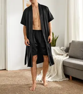 Satijn Contrast Binding Gordel Robe & Shorts Pj Set Pyjama Pyjama Night Pak Voor Mannen Custom Nachtkleding Kimono Badjas Spa gewaden