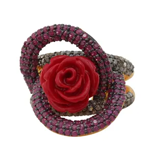 Ruby Đá Quý 925 Sterling Silver Rose Flower Nhẫn Tự Nhiên Pave Kim Cương Đỏ San Hô Khắc Đồ Trang Sức Handmade Bạc Kim Cương Đồ Trang Sức