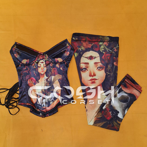 Overbust Steelboned Hot Selling Digital Printed Sublimation Satin Corset Set, New Design Satin Corset Top Vendeurs - Product Image 5