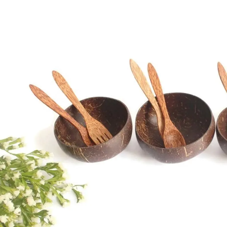 Öko-Produkte Alibaba Wood Handi craft Technic Set Kokosnuss schale und Löffel Vegane Dekoration Kunden spezifisches Logo Polierte Kokosnuss schalens chale