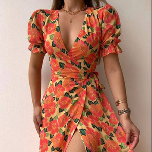 ชุดเดรสผู้หญิงพิมพ์ลายดอกไม้ฤดูร้อน,ชุดเดรสชายหาดสไตล์โบโฮแขนสั้นมีระบายชุดเดรสมินิเดรสเสื้อคลุมกันแดดคอลเลกชันปี2021 - Product Image 1