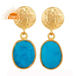 18K Anting-Anting Juntai Perak Murni Tekstur Dipalu Berlapis Emas Perhiasan Desainer Pemasok Anting-Anting Batu Permata Turquoise Matrix