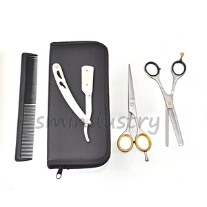 Professional Pair Of 02 Hair Saloon Barber Scissors <b>Kit</b> & <b>Shaving</b> Razor Stainless Steel 440C With Adjustable Finger Rest(SC011) - Product Image 3