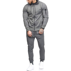 High Quality Men's Gym Wear Zip Up Plain Hoodie With Zipper Pocket On Right Sleeve & Joggers Pant Tracksuit Set - Product Image 4