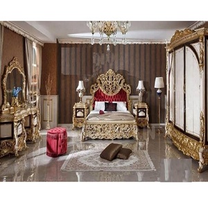 Muebles de cama y dormitorio de estilo barroco italiano, lujosos muebles de dormitorio dorados rojos, dormitorio clásico tallado a mano rojo y dorado - Product Image 1