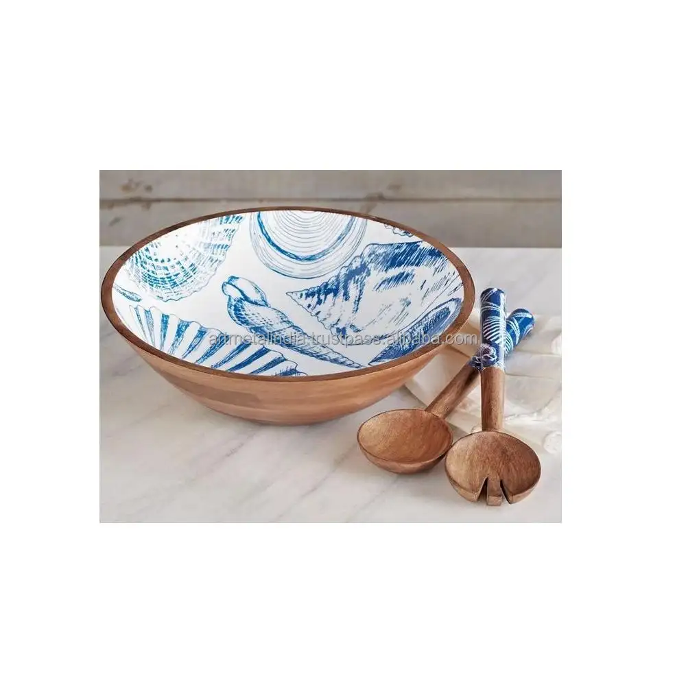 ENAMEL WOODEN BOWL WITH SPOON AND FORK