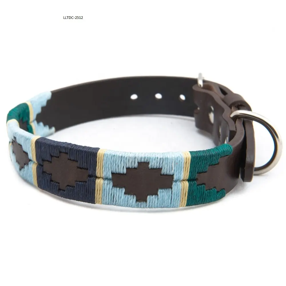 Collier de polo pour chien en cuir naturel souple marron et noir de qualité supérieure avec fabrication de conception de tressage de fil de coton bleu ciel + vert