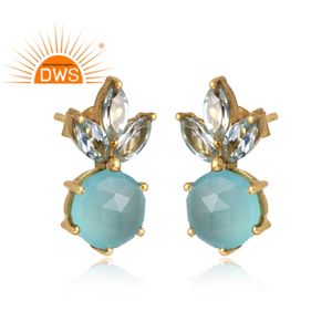 Handmade Yellow <b>Gold</b> Plated Studs Aqua Chalcedony Topaz Gemstone Prong <b>Set</b> Stud Earrings Silver Jewelry Supplier - Product Image 2