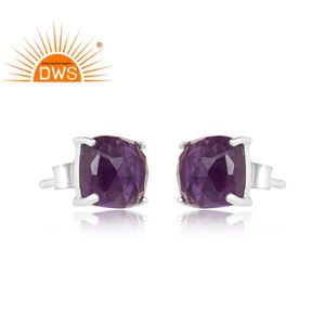 925 <b>Fine</b> Sterling Silver Natural Amethyst Gemstone <b>Stud</b> <b>Earring</b> for Women Jewelry Manufacturer - Product Image 3