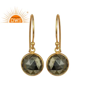 Pyrite Gemstone Earrings Jewelry Wholesale Handmade 18k Gold Plated Indian Sterling Silver Bezel Set Dangle Earrings
