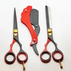 Professional Japanese Hair Cutting Shears and Thinning Scissor 6.5 Inches With Singe Edge Feather Design handle Beard Razor Red