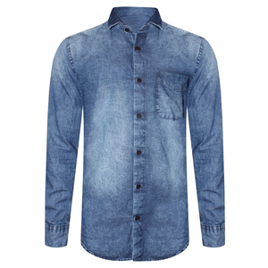 Camisa de manga larga de mezclilla para hombre, vestido elegante de marca Formal, ajustado, azul oscuro, informal, con solapa - Product Image 1