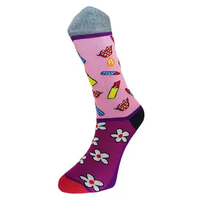 Женские забавные носки из разноцветных хлопчатобумажных носков с узором (розовый цветок), сделанные в Турции