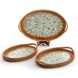 Rattan Wicker Trays with Mother of Pearl Inlay MDF Base and Insert Handle for Fruit Serving, <b>Coffee</b> <b>Table</b> Trays Handmade - Product Image 3